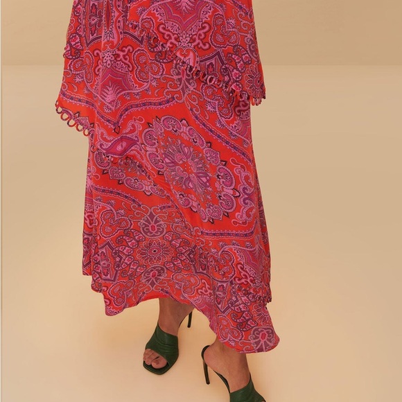 Farm RIO Red Paisley Scarf Loopy Trim Maxi Dress - Picture 3 of 6